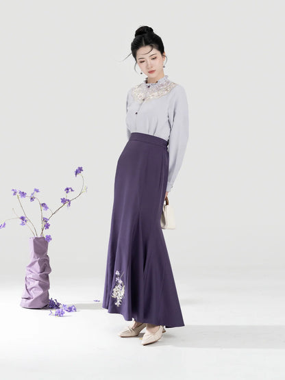 New Chinese Style Women Purple Embroidered Blouse with Fitted Mermaid Skirt - Xianglan 雪香兰 (Preorder)