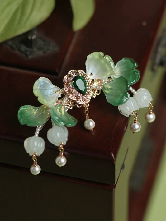 Back Hair Pin: Tinglan - orchid motif hanfu hair accessory, detail view