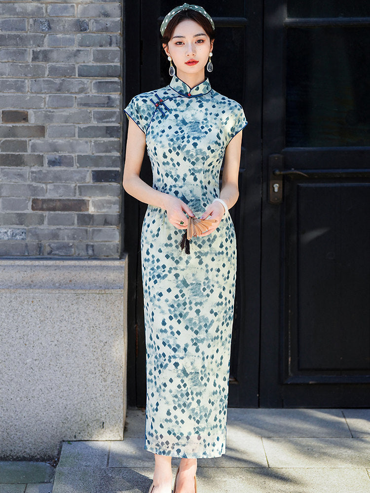 Short Sleeve Pixelated Long Cheongsam | Ida