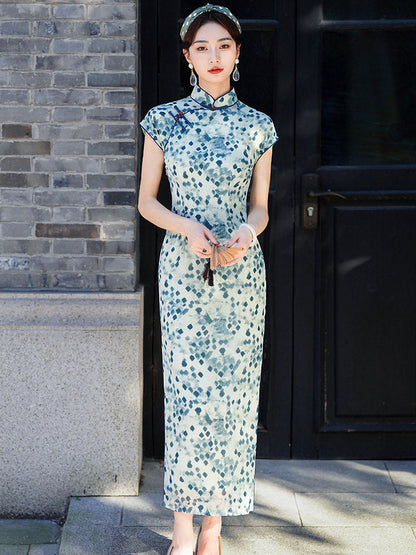 Short Sleeve Pixelated Long Cheongsam | Ida