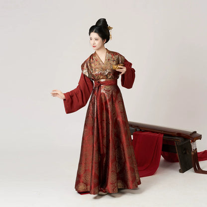 Tang Dynasty Modern Hanfu Set with Beizi Overlay & Flowing Eight-Panel Skirt - Thousands of Years of Autumn 千秋万载 (Preorder)