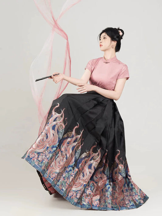 Nine Tails Chinese Blouse & Mamian Skirt Outfit - modern Ming-inspired hanfu, front view