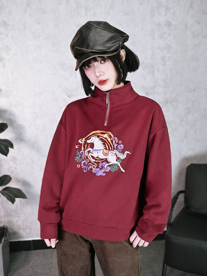 New Chinese Style Retro Red Fleece Sweatshirt - Saddle 锦鞍