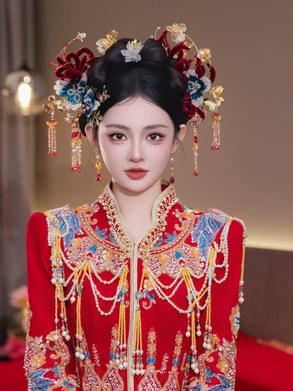 Crown of Crimson Dreams - Red Velvet Bridal Hairband with Tassel Hairpin Classical Chinese Wedding Hair Accessories for Hanfu and Xiuhe Bride