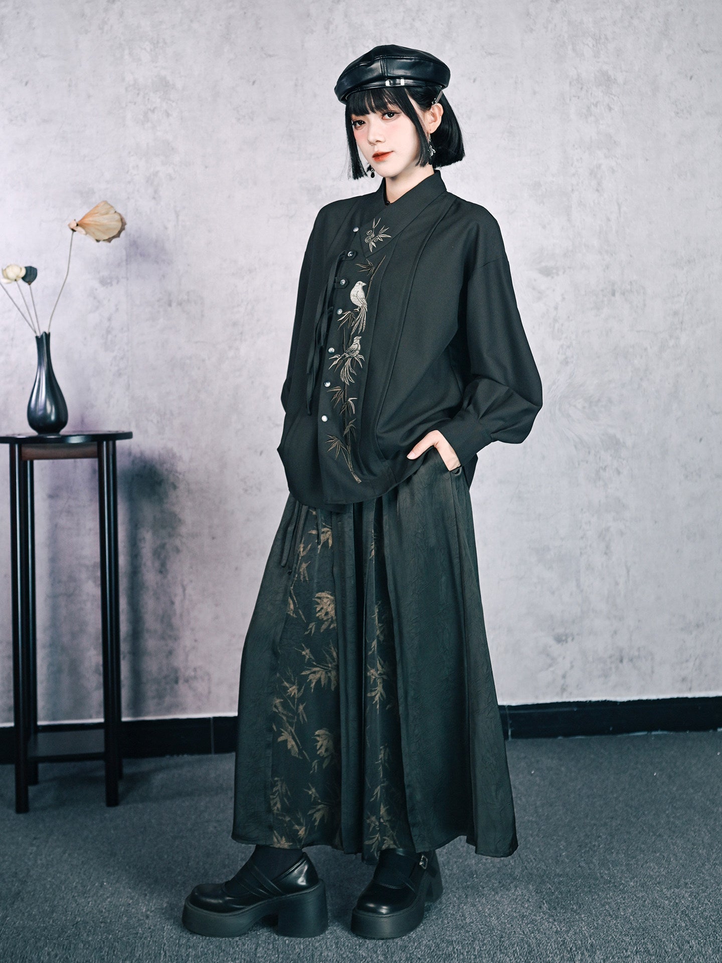 New Chinese Style High Waist Bamboo Print Skirt - Bamboo Shadow 竹影