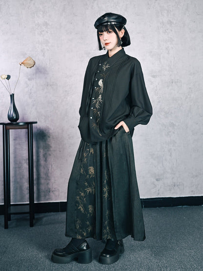 New Chinese Style High Waist Bamboo Print Skirt - Bamboo Shadow 竹影