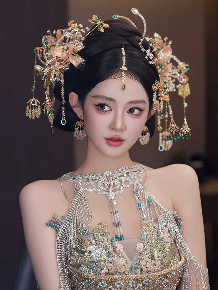 Champagne Bridal Hair Accessories Exquisite Forehead Pendant Headpiece for Chinese Wedding Xiuhe and Hanfu Bride
