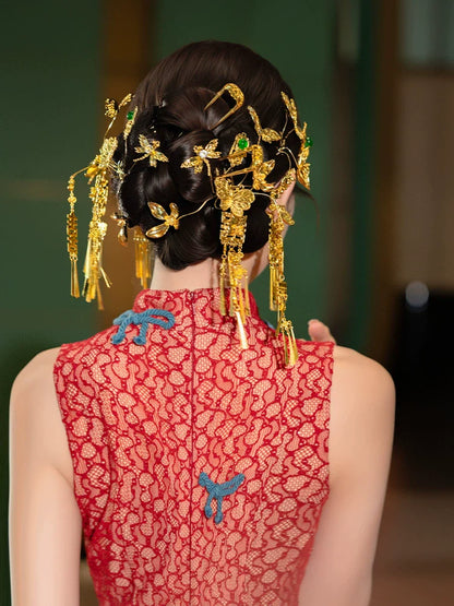 Double Happiness - Chinese Wedding Hair Accessory Set Golden Butterfly Tassel Hairpins for Xiuhe and Qipao Bride