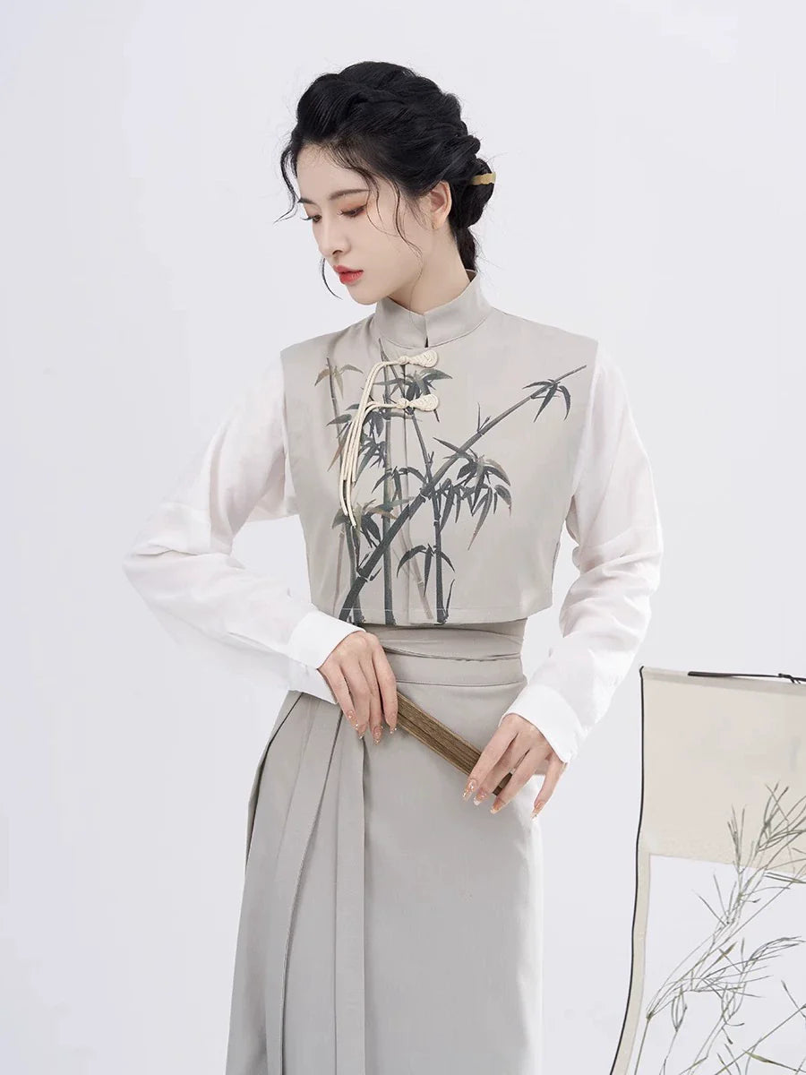Song Dynasty Modern Hanfu Set with Majia, Long Sleeve Top and Spiral Skirt - Charming Bamboo 君竹 (Preorder)