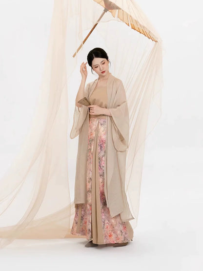 Song Dynasty Modern Hanfu Set with Changgan Temple Beizi and Three Pleat Skirt - Xuhuashi 叙花时 (Preorder)