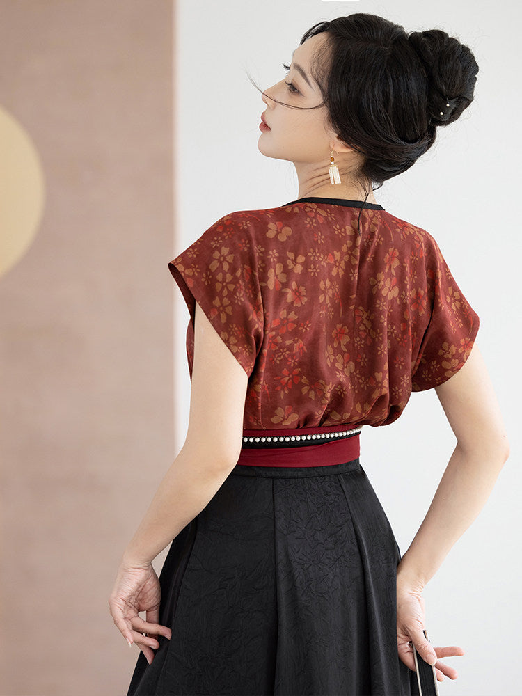 Tang Dynasty Modern Hanfu Beizi and Wrap Skirt - Drunken Flowers 醉花阴 (Preorder)