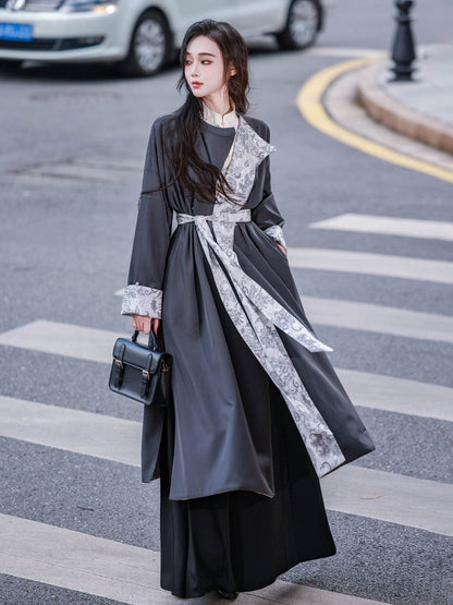 Reversible Hanfu Round Collar Robe with Black-Gray Retro Design - Autumn Rain 秋雨 (Preorder)