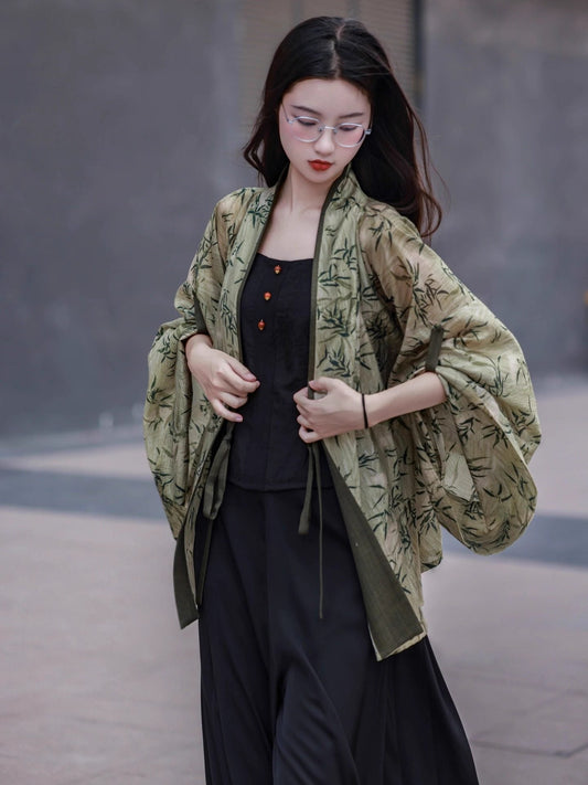 Wei, Jin and Southern and Northern Dynasties Style Bamboo Printed Cardigan - Yujun 玉君 (Preorder)