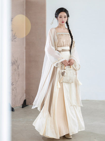 New Chinese Style Camisole with Pleated Wrap Skirt and Fairy Cardigan for Summer - Moon Amidst Clouds 云间月 (Preorder)