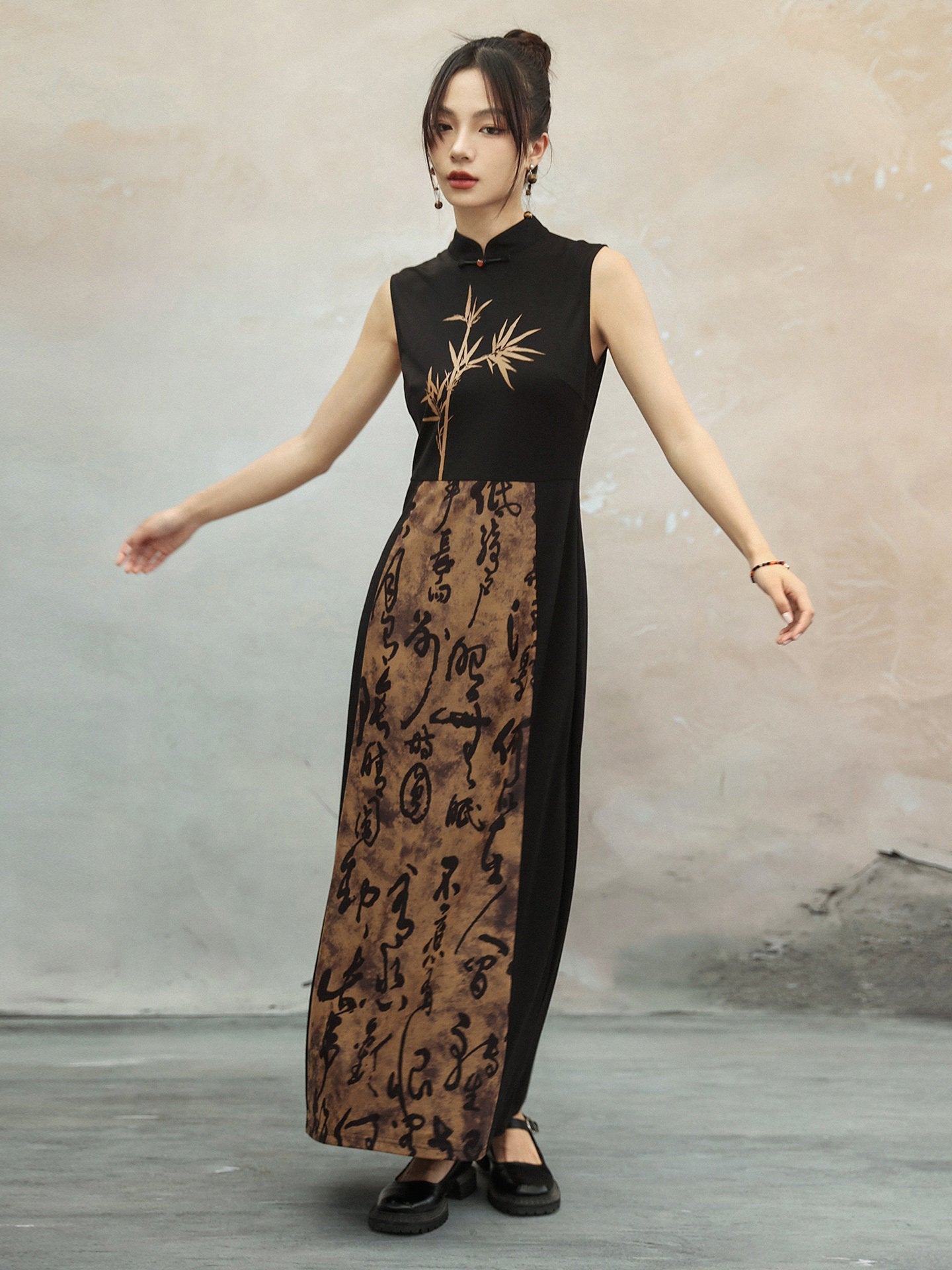 New Chinese Style Retro Bamboo Leaf Calligraphy Print Contrast Cheongsam Dress