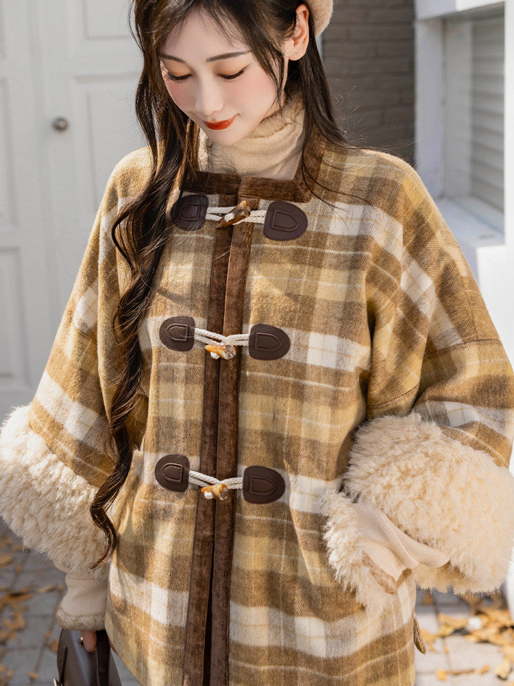 Ming Dynasty Modern Hanfu Wool Blend Plaid Jacket and Wide Leg Pants - After Class 下课后