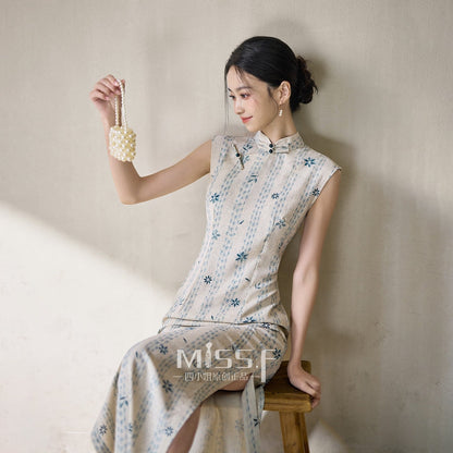 Sleeveless Floral Stripes Long Cheongsam | Shuhua