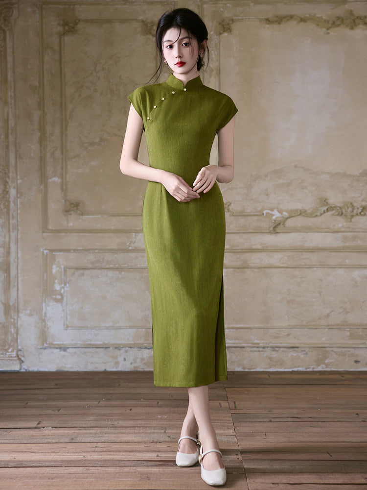 Short Sleeve Midi Cheongsam | Peridot