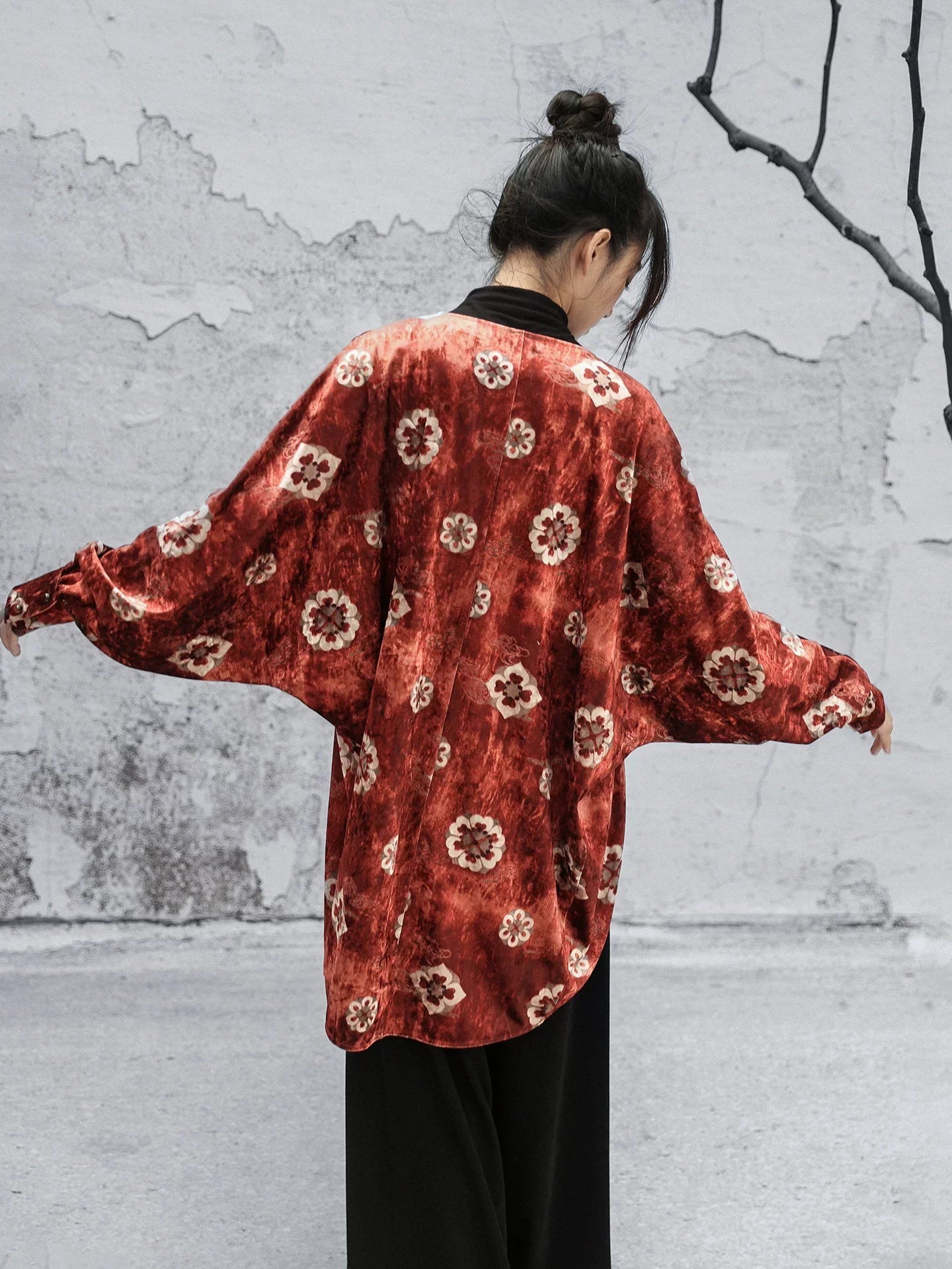New Chinese Style Autumn Orange Red Print Loose Bat Sleeve Velvet Jacket