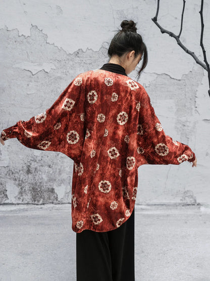 New Chinese Style Autumn Orange Red Print Loose Bat Sleeve Velvet Jacket