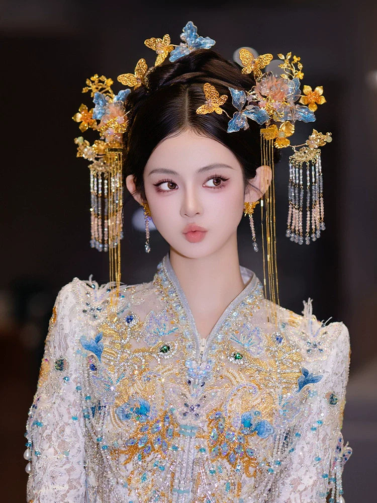 Enchanted Lotus Bloom - Blue and Gold Floral Tassel Bridal Hairpin Fairy-Style Chinese Wedding Accessories