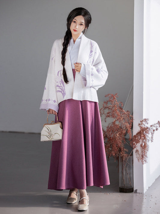 Song Dynasty Modern Hanfu Jacket and Wrap Skirt for Autumn and Winter - Dreamy Iris 鸢尾梦 (Preorder)