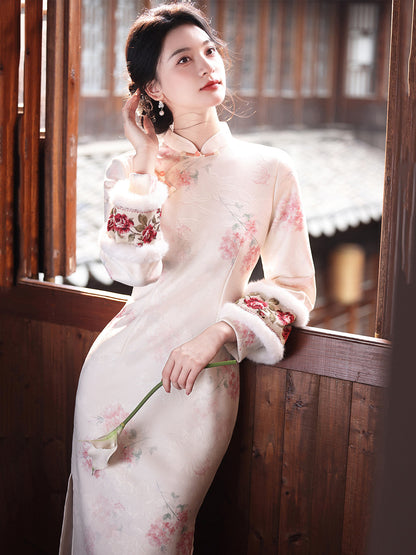 Long Sleeve Fur Trim Soft Pink Floral Qipao | Blush