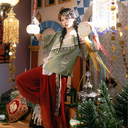 New Chinese Style Dunhuang Summer Blouse and Short Skirt Set - Linglu Sanskrit 菱路梵音