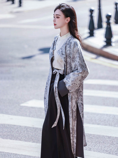 Reversible Hanfu Round Collar Robe with Black-Gray Retro Design - Autumn Rain 秋雨 (Preorder)