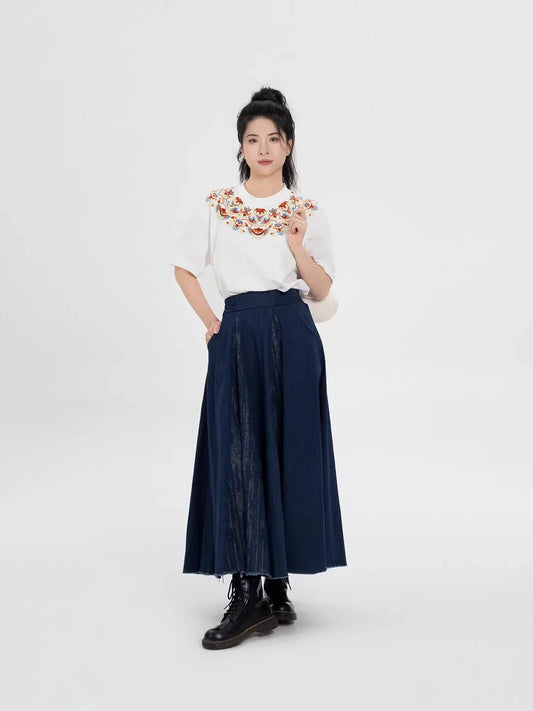 New Chinese Style Dunhuang Inspired Embroidered Cotton T-Shirt and Skirt Set - Huarongrong 花蓉蓉 (Preorder)