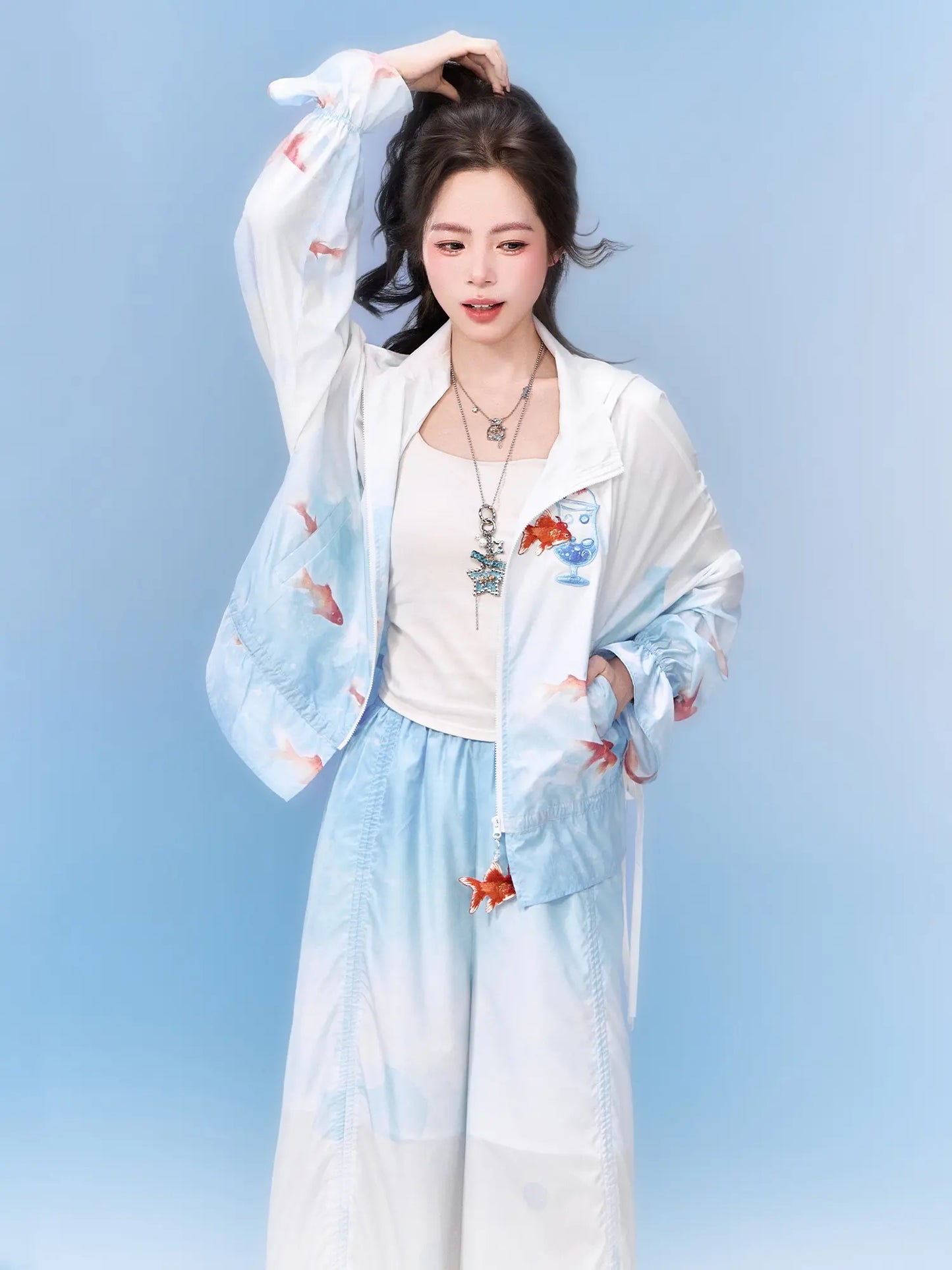 Neo-Chinese Goldfish Print Hooded Sun Jacket & Wide-Leg Pants 金鱼冰沙