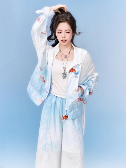 Neo-Chinese Goldfish Print Hooded Sun Jacket & Wide-Leg Pants 金鱼冰沙