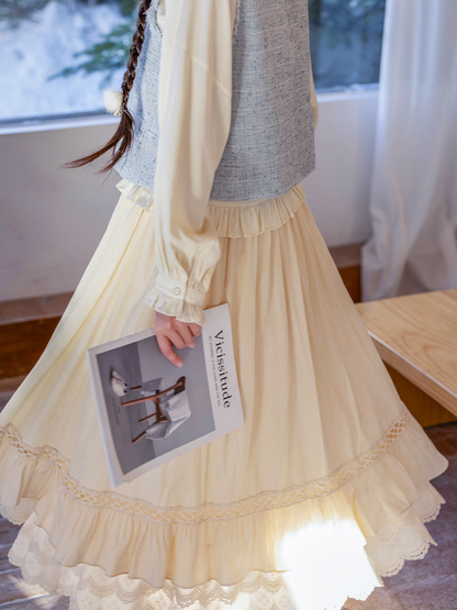 Ming Dynasty Modern Hanfu Vest and Layered Skirt - Sea Salt Magnolia 海盐玉兰