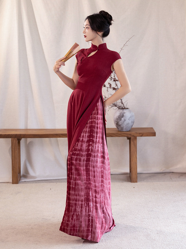 Qipao Style Slit Ao Dai Tie-Dye Dress - Crimson 绯色 (Preorder)