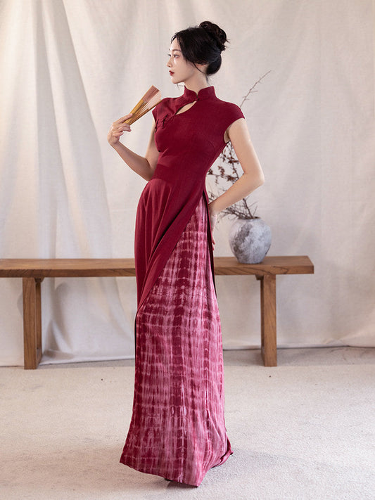 Qipao Style Slit Ao Dai Tie-Dye Dress - Crimson 绯色 (Preorder)