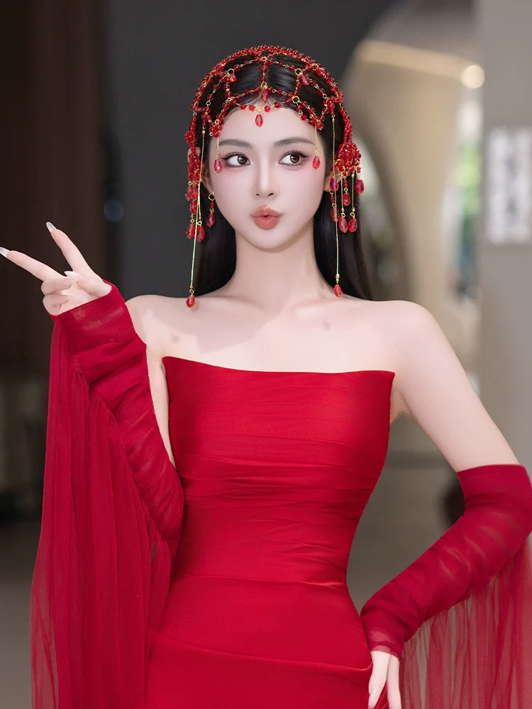 Blossoms in Red Veil - Exotic Dunhuang Bridal Hair Accessories Set Tassel Forehead Pendant Wedding Headpiece
