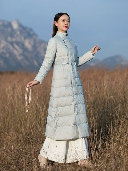 Snowy Dreams 雪中梦 - Long Vintage Chinese Style Down Coat for Women Over-Knee Length, Thickened Winter Tang Suit and Qipao Outerwear