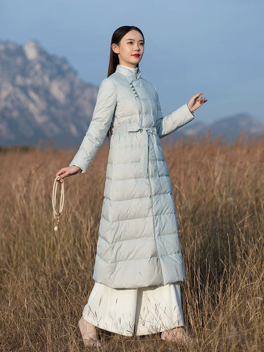 Snowy Dreams 雪中梦 - Long Vintage Chinese Style Down Coat for Women Over-Knee Length, Thickened Winter Tang Suit and Qipao Outerwear