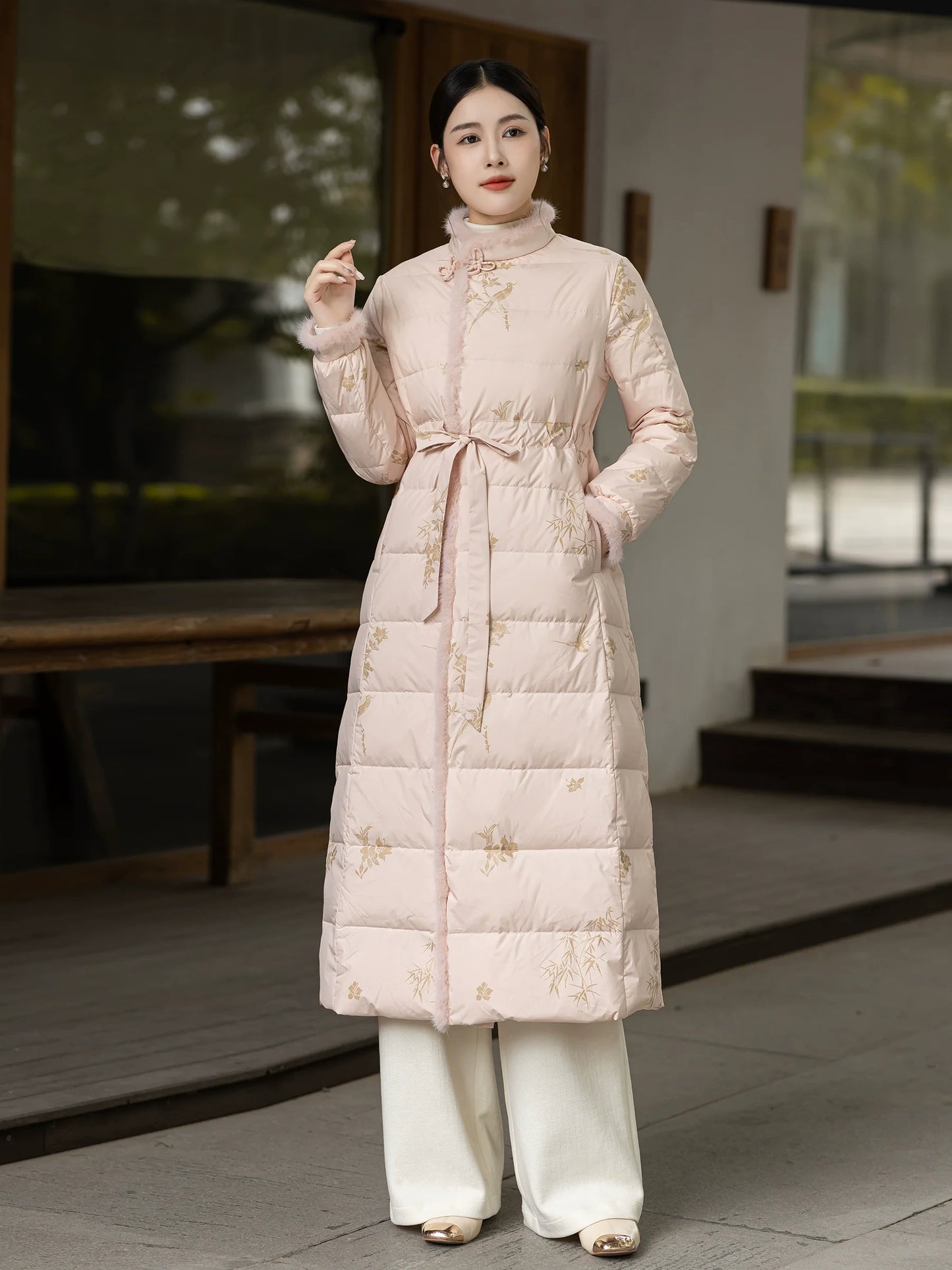 Bamboo Poem 竹影禅 - New Chinese Zen-Inspired Down Coat for Women Qipao Hanfu Style Winter Outerwear