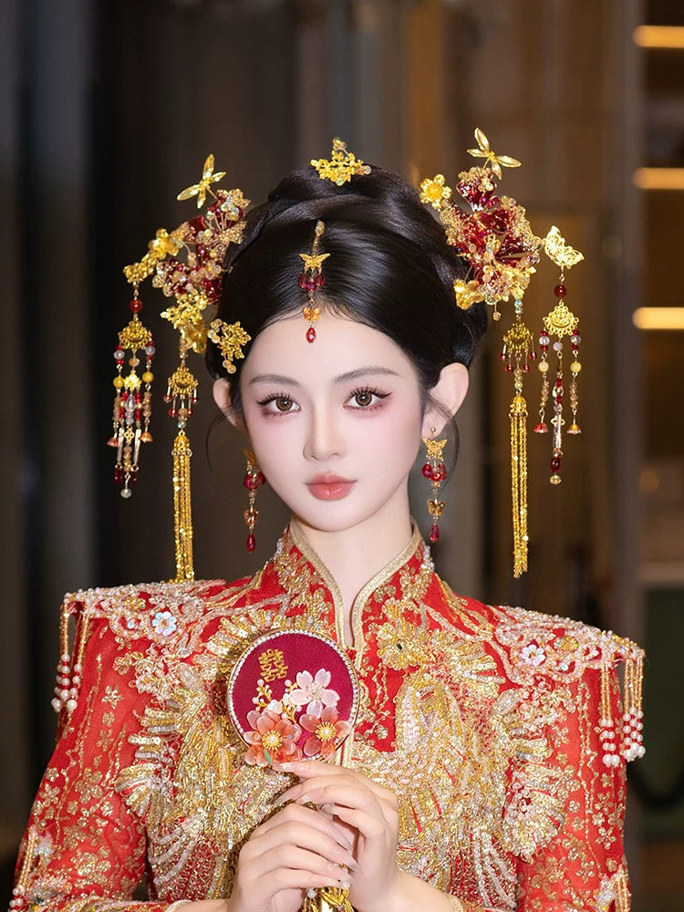 Eternal Veil - Golden Phoenix Bridal Hairpin with Forehead Pendant Chinese Wedding Headpiece