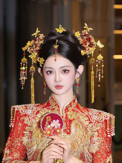 Eternal Veil - Golden Phoenix Bridal Hairpin with Forehead Pendant Chinese Wedding Headpiece