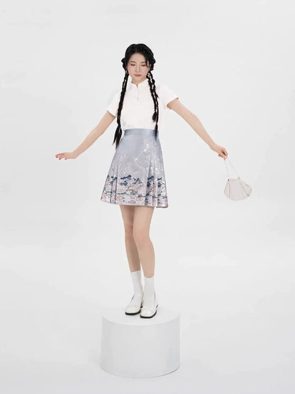 Ming Dynasty Modern Hanfu Top and Mamianqun Mini Skirt - Path of Flowers 一鹿莲生