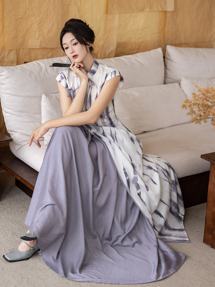 New Chinese Style Sleeveless Tie Dye Cheongsam Dress in Grey - Misty Clouds 云烟 (Preorder)