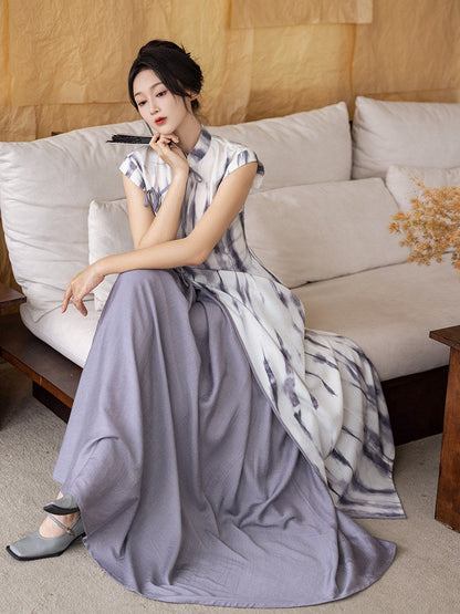 New Chinese Style Sleeveless Tie Dye Cheongsam Dress in Grey - Misty Clouds 云烟 (Preorder)