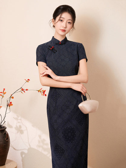 Short Sleeve Midi Cheongsam | Navy