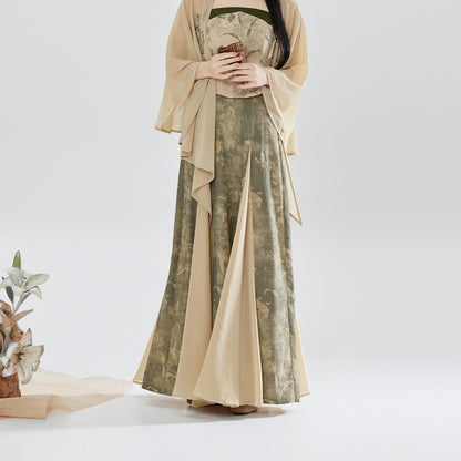 Lilies | Modern Chinese Zen Embroidered Chiffon Shawl Top and Skirt Set