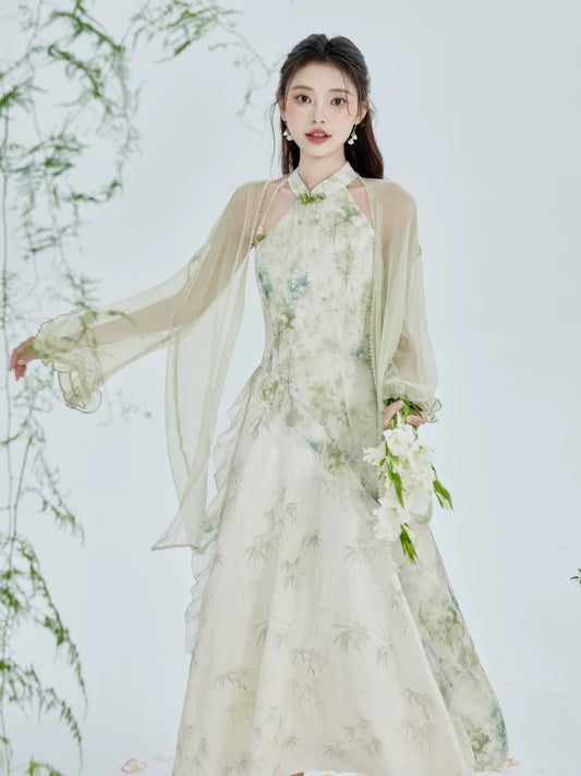 Cheongsam x modern hanfu Dancing Leaves, fabric print detail