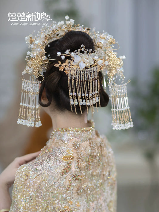 Snow Queen Aura - Hanfu Crystal Bridal Crown with Glass Flowers & Phoenix Design for Wedding Headpiece