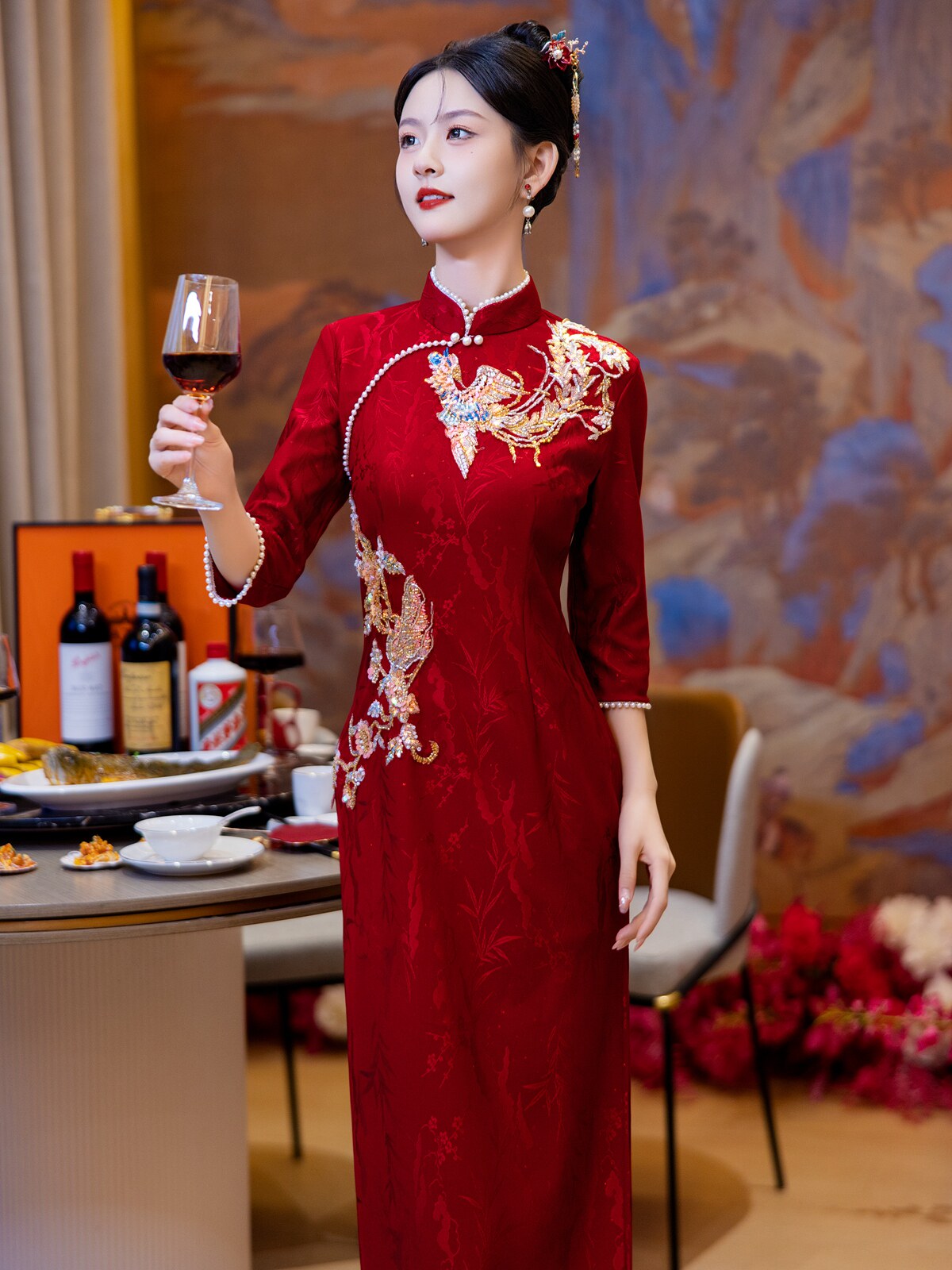 Chinese Wedding Engagement & Tea Ceremony Short Sleeve Cheongsam | Magpie Bridge