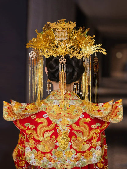 Starlit Phoenix Crown - Gold Bridal Headpiece Chinese Wedding Hair Accessories with Forehead Pendant